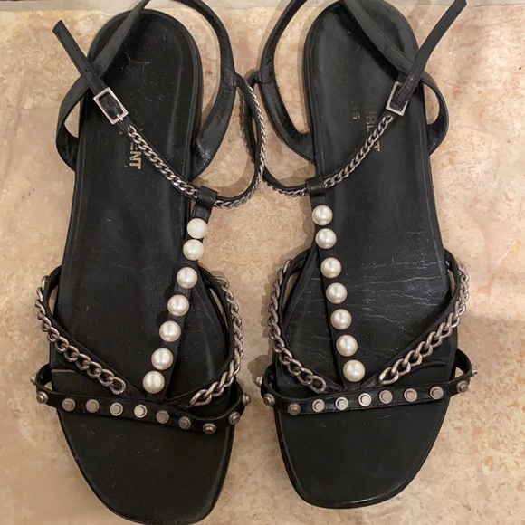 Saint Laurent black flat leather metal sandals size 8 - Picture 1 of 3